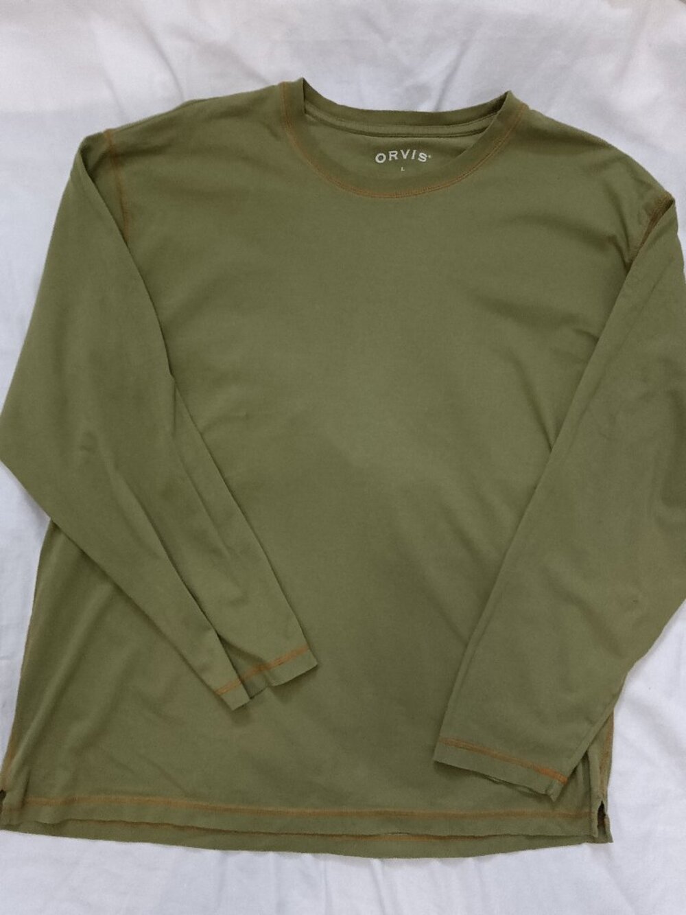 Orvis Large Olive Green Orange Stitching 100% Cotton Long Sleeve T-shirt